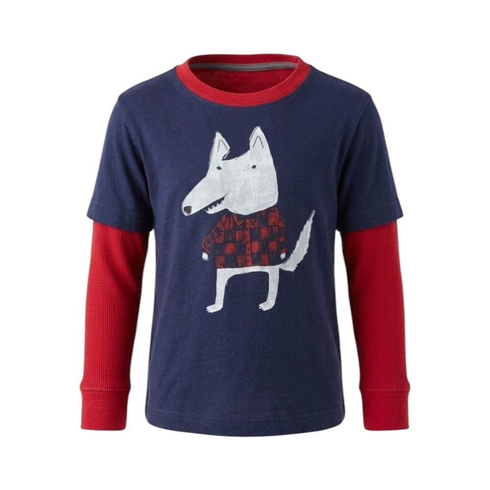 Hanna Andersson Kids Navy Blue Red Wolf Long Sleeve Cotton Shirt Boys 100 4 4T